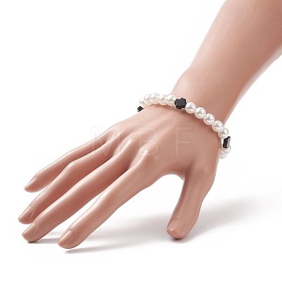 Natural Black Onyx Cross & ABS Plastic Imitation Pearl Beaded Stretch Bracelet for Women BJEW-JB09219-1