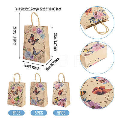 15Pcs 3 Styles Flower Butterfly Pattern Kraft Paper Bags CARB-TA0001-17-1