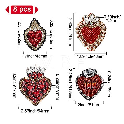 GOMAKERER 8Pcs 4 Style Sacred Heart Glass Rhinestone Appliques PATC-GO0001-03-1