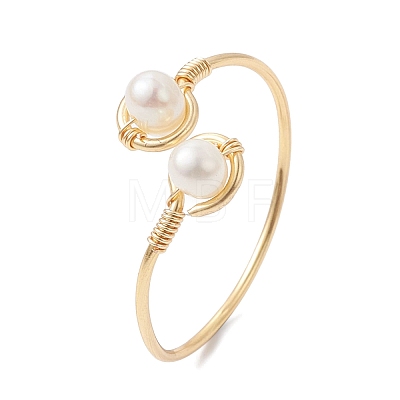 Copper Wire Wrapped Natural Cultured Freshwater Pearl Open Ring RJEW-JR00628-1