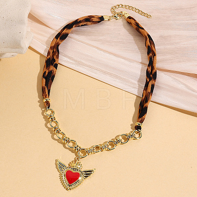 Alloy Enamel Sacred Heart Pendant Leopard Print Cloth Scarf Necklacess for Women WG2FAF8-02-1
