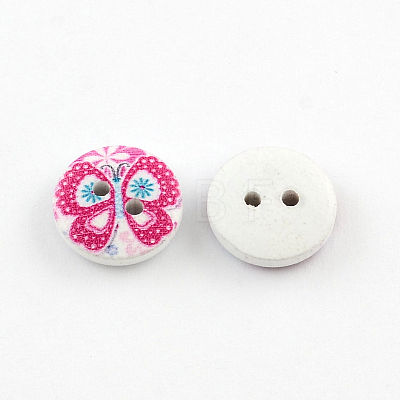 2-Hole Flower Pattern Printed Wooden Buttons BUTT-R033-021-1