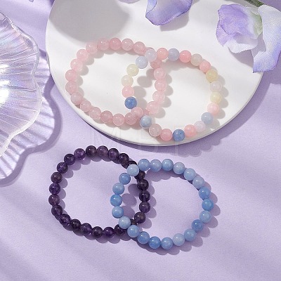 4Pcs Constellation 8mm Round Natural Amethyst & Rose Quartz & White Jade Imitation Aquamarine & White Jade Imitation Morganite Beaded Stretch Bracelets for Women BJEW-JB10633-1