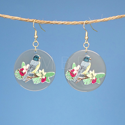 Flat Round with Bird Pattern Acrylic Dangle Earrings FS-WG54A2C-03-1