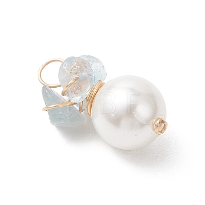 Natural Aquamarine Chip with Copper Wire Wrapped Shell Pearl Pendants PALLOY-JF04951-02-1