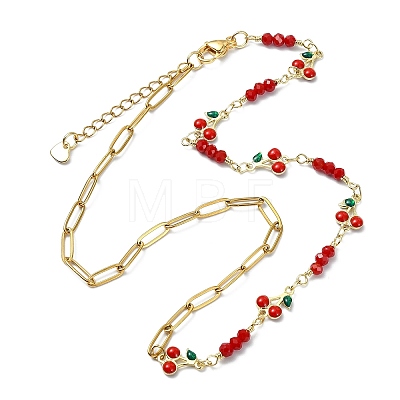 Brass Enamel Red Cherry Link and 304 Stainless Steel Paperclip Chain Necklaces for Women NJEW-JN06162-1