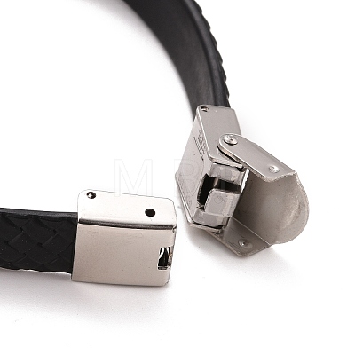 201 Stainless Steel Rectangle Link Bracelet with PU Leather Cord for Men Women BJEW-G649-07P-02-1