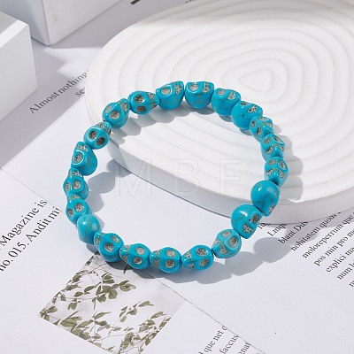 Synthetic Turquoise(Dyed) Skull Stretch Bracelet BJEW-JB08068-01-1