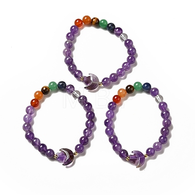 Moon and Star Natural Amethyst & Mixed Gemstone Beaded Bracelets for Women G-G997-B03-1