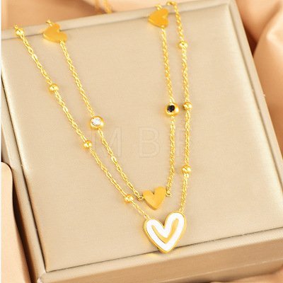 304 Stainless Steel Pave Clear and Black Cubic Zirconia & Natural White Shell Heart Pendant Double Layer Necklaces for Women FS-WGCE9B1-01-1