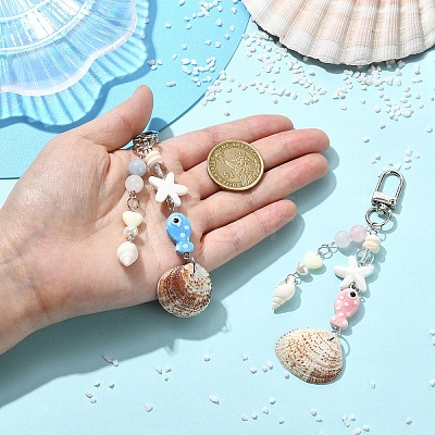 Handmade Porcelain & Natural White Jade & Natural Shell & Glass Pendant Decorations HJEW-YW00516-01-1