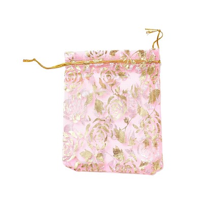 Gold Stamping Rose Flower Rectangle Organza Gift Bags OP-L006B-01-1