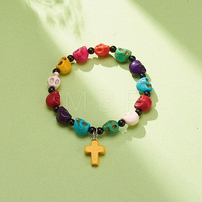 Natural Mashan Jade Skull Beaded Stretch Bracelet with Synthetic Turquoise(Dyed) Cross Charm BJEW-JB08372-1