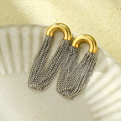 304 Stainless Steel Tassel Chain Stud Earrings for Women EJEW-U023-07GP-1