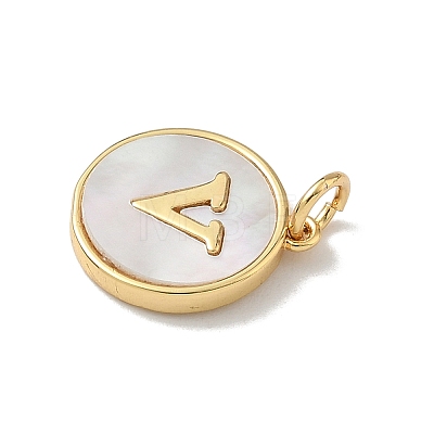 Brass Pave Natural Shell Flat Round with Letter Charms KK-Z115-13G-V-1