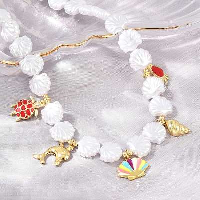 Ocean Brass Enamel Sea Animals Pendant ABS Imitation Pearl Shell Shaped Beaded Necklaces KK-CBA4547-01G-1