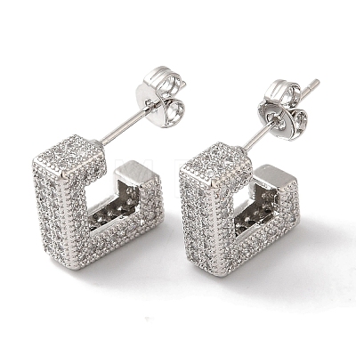Square Box Design Brass Micro Pave Clear Cubic Zirconia Stud Earrings for Women EJEW-A110-07P-1
