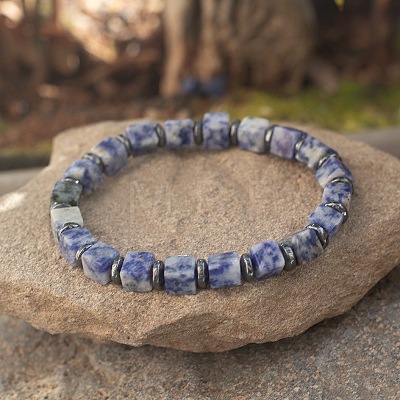Cube Natural Blue Spot Jasper & Synthetic Non-magnetic Hematite Beads Stretch Bracelets for Women Men PF6426-15-1