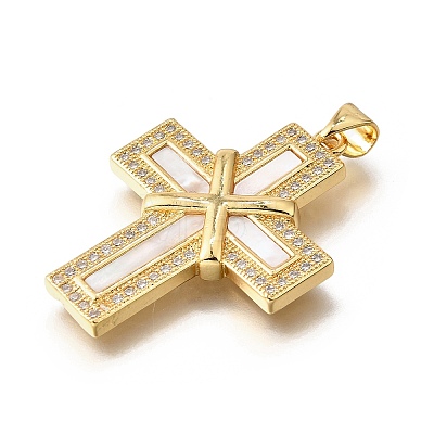 Brass Micro Pave Cubic Zirconia Shell Pendants KK-D328-26G-B-1