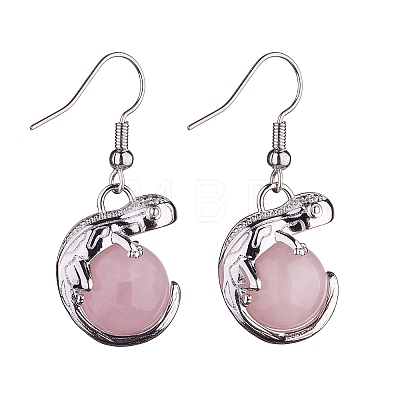 Natural Rose Quartz Chameleon Dangle Earrings with Crystal Rhinestone EJEW-A092-10P-18-1