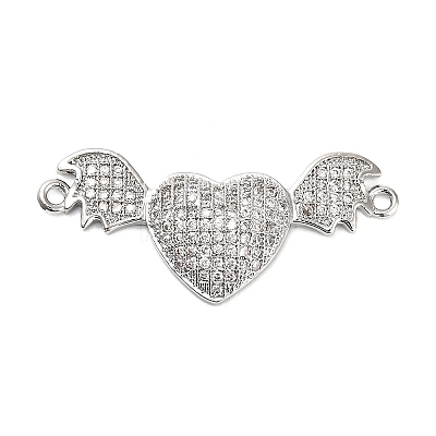 Brass Micro Pave Clear Cubic Zirconia Heart with Bat Wings Connector Charms KK-L229-053P-1