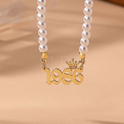Alloy Crown Birth Year Pendant Imitation Pearl Round White Beaded Necklaces for Women FS-WG173C9-26-1
