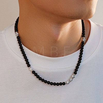 6MM Round Natural Howlite and Frosted Black Stone Beaded Necklaces for Men LS-FQ0489-3-1