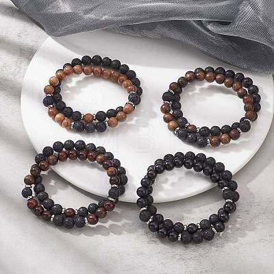 2Pcs 2 Style Natural Wood & Lava Rock Round Beaded Stretch Bracelets Set for Women BJEW-JB09381-1