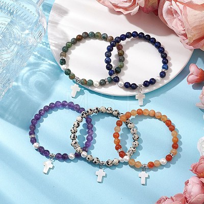 5Pcs 6mm Gemstone Round Beaded Stretch Bracelets Sets BJEW-JB10947-1