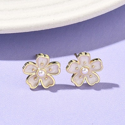 Flower Brass & ABS Plastic Pearl Stud Earrings EJEW-P336-07G-1