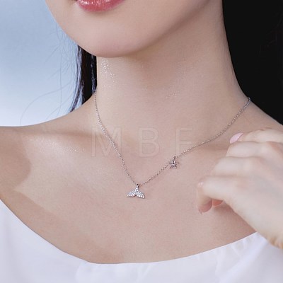 Rhodium Plated Summer Beach 925 Sterling Silver Micro Pave Clear Cubic Zirconia Cable Chain Whale Tail & Starfish Pendant Necklaces NJEW-Q342-02P-1