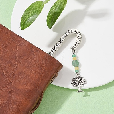 Natural Malaysia Jade & Green Aventurine Beaded Pendant Bookmarks with Alloy Tree of Life AJEW-JK00255-01-1