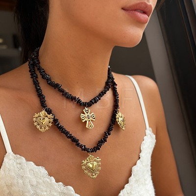 316 Surgical Stainless Steel Enamel Cross Sacred Heart Pendant Natural Garnet Chip Beaded Double Layer Necklaces for Women WG114DF-01-1