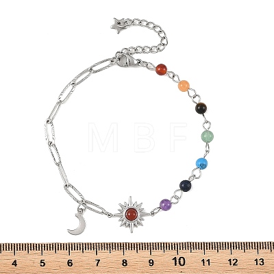 7 Chakra Gemstone Beaded Chain & 304 Stainless Steel Paperclip Chain Bracelets BJEW-JB14411-01-1