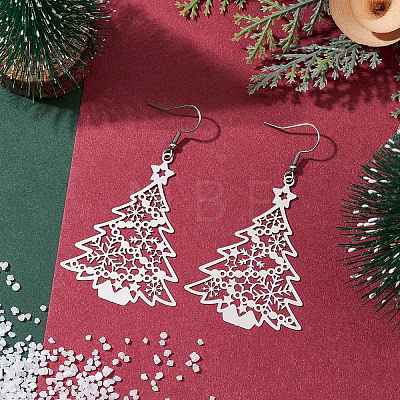 Non-Tarnish Hollow Christmas Tree 201 Stainless Steel Dangle Earrings for Women EJEW-JE05876-1
