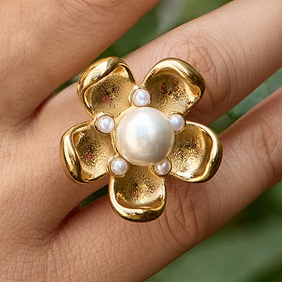 304 Stainless Steel Shell Beads Cuff Open Rings for Women RJEW-E301-01E-1