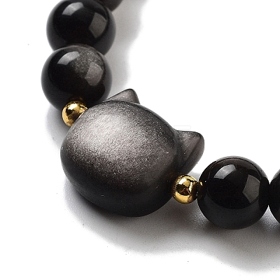 Round & Cat Head Natural Obsidian Beaded Stretch Bracelets for Women BJEW-K251-03F-1