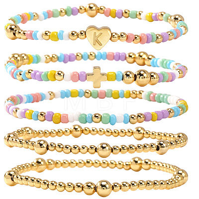 Summer Stainless Steel Heart Alphabet Colorful Glass Seed Beaded Stretch Bracelet Sets JV8929-11-1