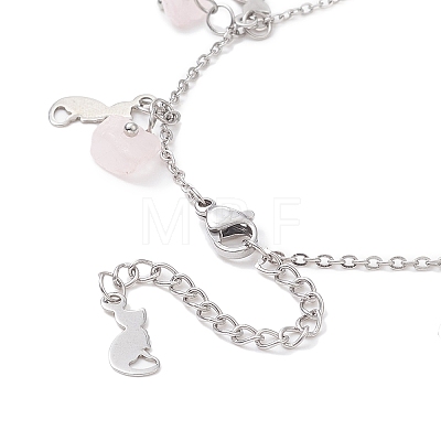 Natural Rose Quartz Chips & Cat Charms Anklet AJEW-AN00512-03-1