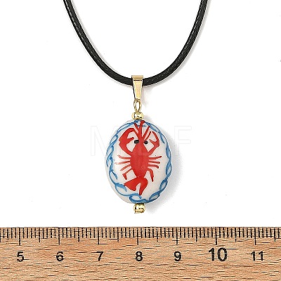 Handmade Porcelain Oval with Lobster Pendant Black Waxed Cord Necklaces NJEW-JN06564-1