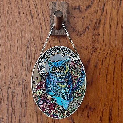 Stained Acrylic Owl Art Window Planel with Chain STGL-PW0001-38-1