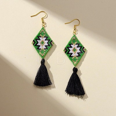 Glass Seed Braided Rhombus with Tassel Dangle Earrings EJEW-MZ00028-1