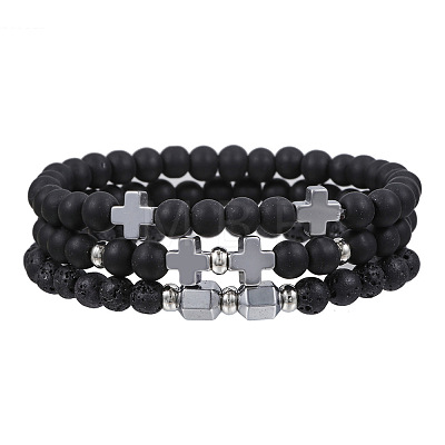 Volcano Stone Black Matte Black Gallstone Wood Beads Bracelet Set Combination Hip Hop Elastic Bracelet Bracelet Bracelet WQ1083-11-1