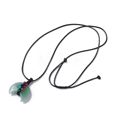 Adjustable Natural Green Aventurine Double Horn Pendant Necklace with Wax Cord for Women NJEW-B086-01G-1