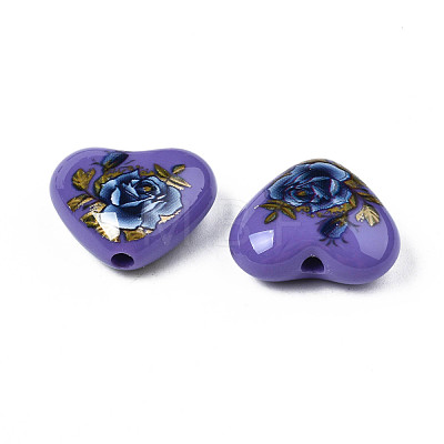 Flower Printed Opaque Acrylic Heart Beads SACR-S305-28-M01-1