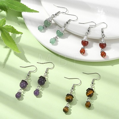 4 Pairs 4 Style Natural Mixed Genstone Round Beaded Dangle Earrings EJEW-TA00300-1