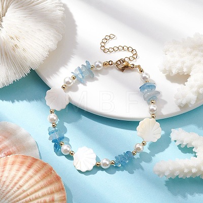 Natural Aquamarine Chips & Shell Pearl Beaded Bracelet BJEW-TA00461-1