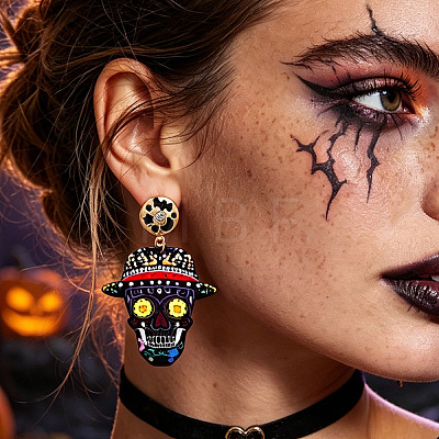 Halloween Printed Acrylic Skull with Hat Pendant Dangle Earrings for Women WG1141F-01-1