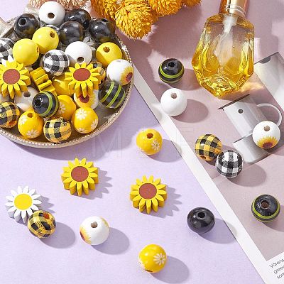 50Pcs 10 Styles Sunflower Theme Printed Wood Beads WOOD-CJ0001-78-1