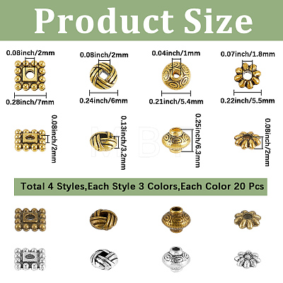 240Pcs 12 Styles Tibetan Style Alloy Spacer Beads TIBE-SC0002-59D-1